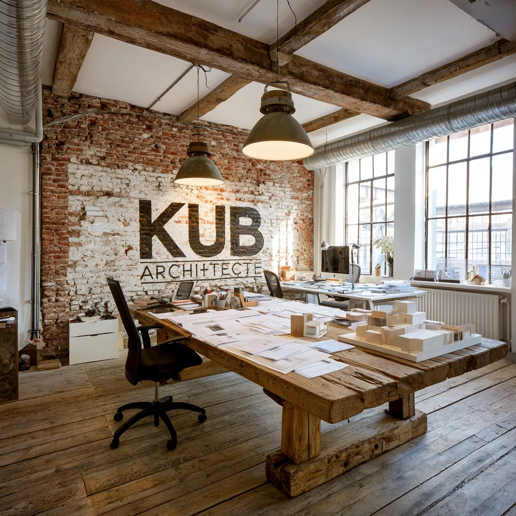 Bureau d'architecte avec logo imprimé sur le mur de brique
