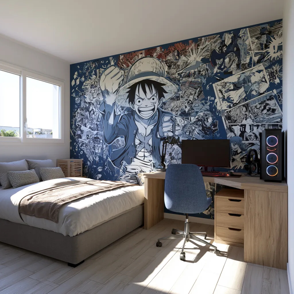 Chambre d'adolescent avec fresque imprimée sur le mur