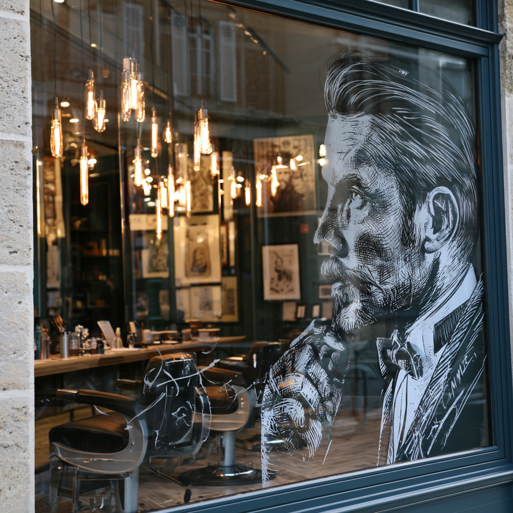 Vitrine de salon de coiffure et barbier ornée d'un portrait imprimé sur le verre