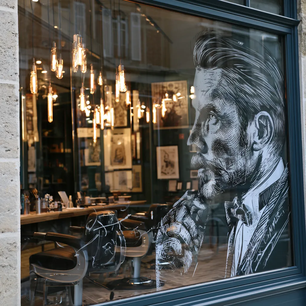 Vitrine de salon de coiffure et barbier ornée d'un portrait imprimé sur le verre