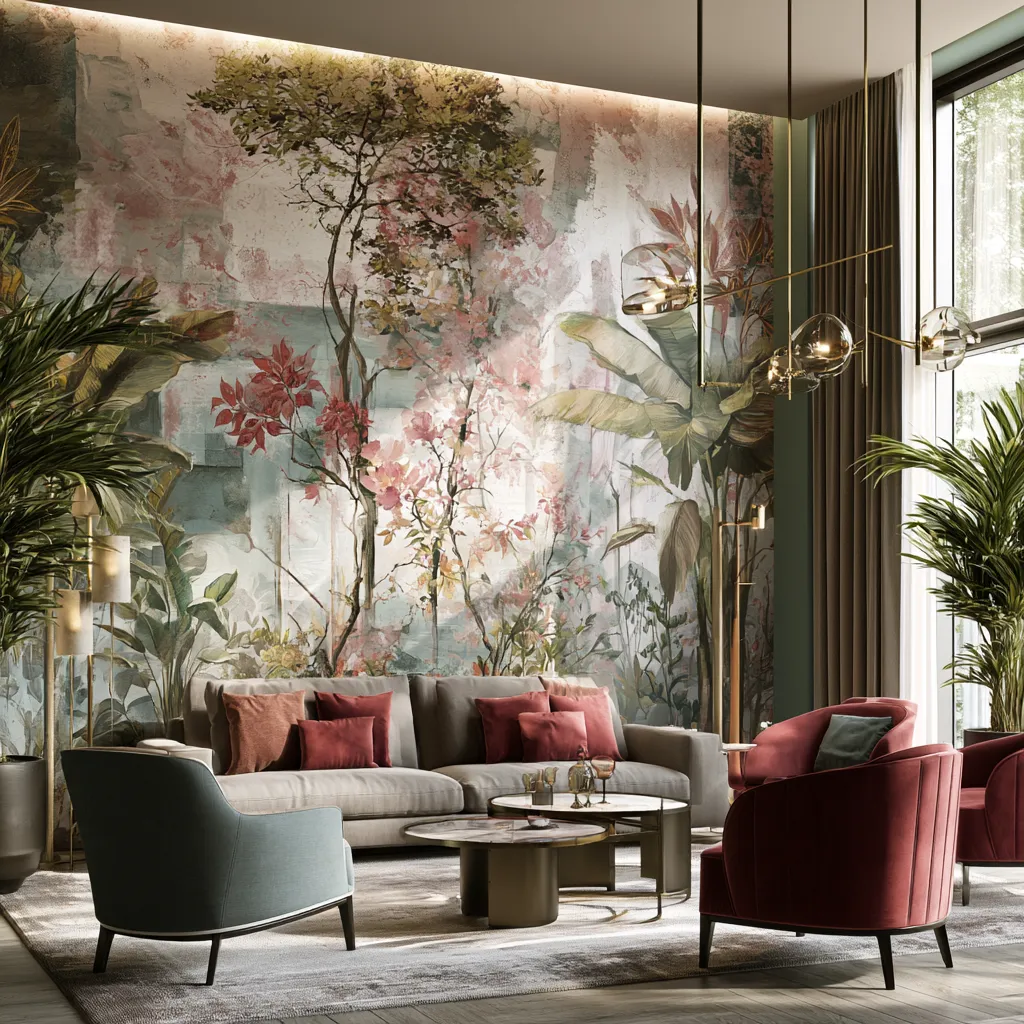Salon d'hôtel avec mur floral imprimé sur-mesure