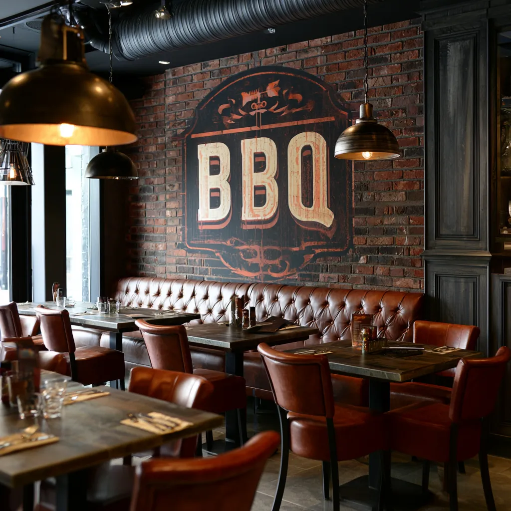 Salle de restaurant avec logo BBQ imprimé sur le mur