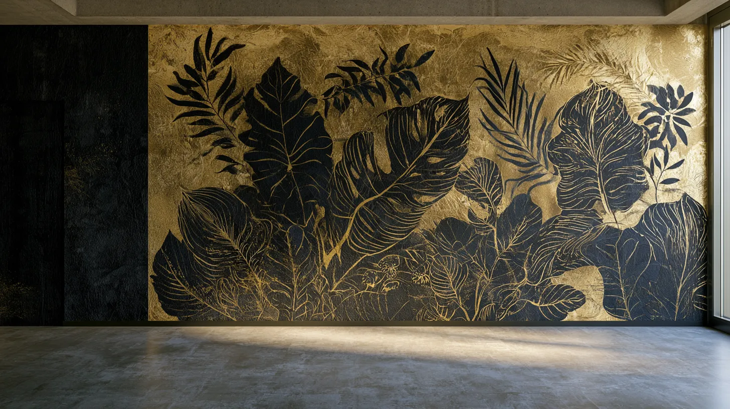 Mur d'intérieur orné d'une fresque botanique dorée