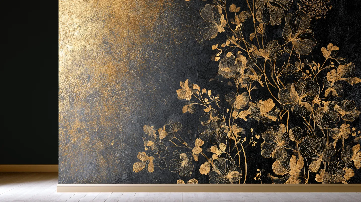 Mur orné d'une fresque florale dorée sur fond noir